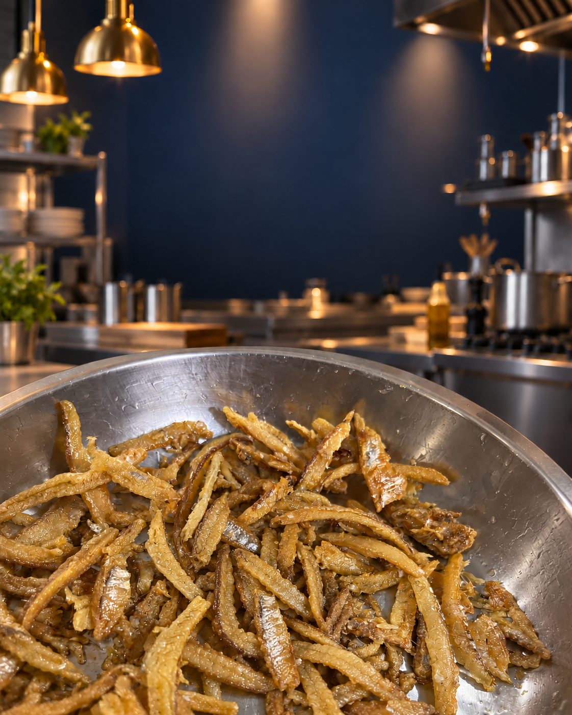 Ilustrasi dapur restoran dengan ikan bilis goreng dalam dulang
